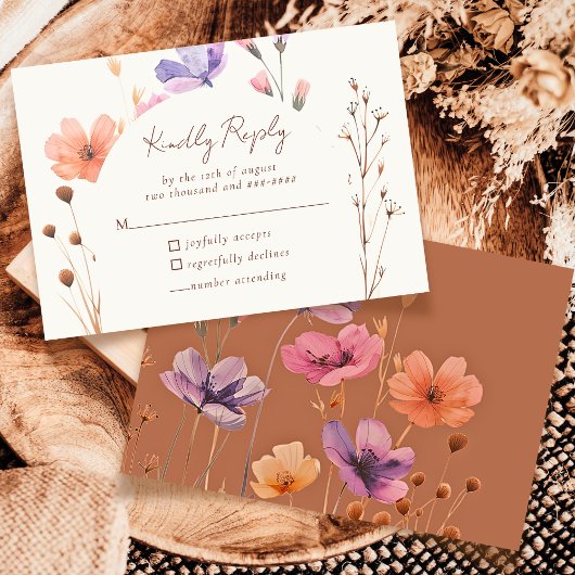 Elegant Simple Floral Mocha Wedding RSVP Response Karte