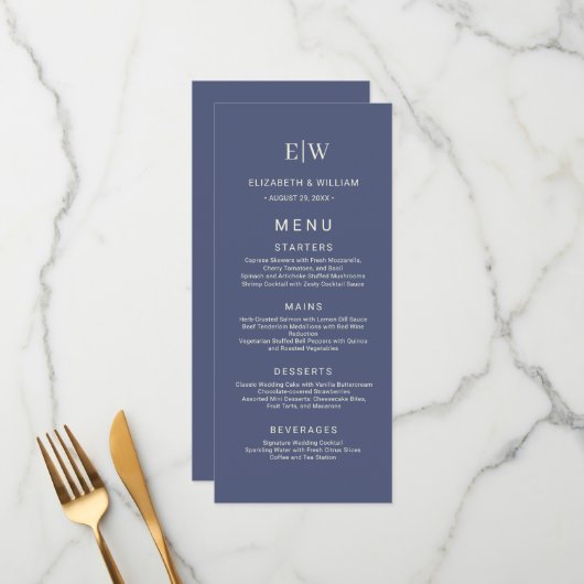 Elegant Simple Future Dusk mit Monogram Wedding Menükarte (Vorderseite/Rückseite Beispiel)