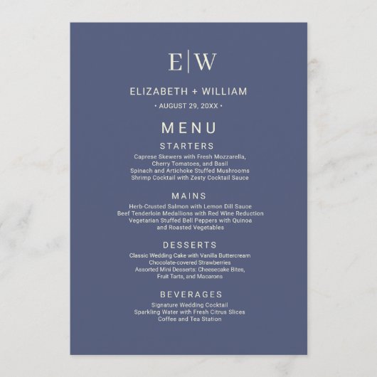 Elegant Simple Future Dusk mit Monogram Wedding Menükarte (Vorderseite)