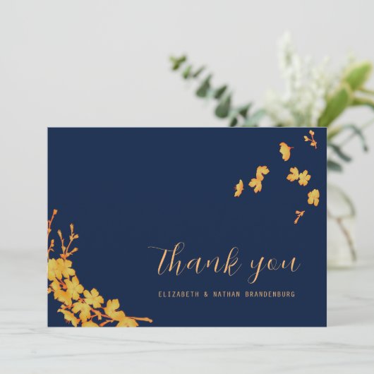 Elegant Simple Gold Blume Navy Blue Dankeskarte (Stehend Vorderseite)