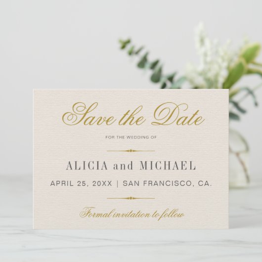 Elegant Simple Gold Calligraphy Classic Wedding Save The Date (Stehend Vorderseite)