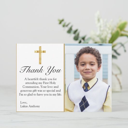 Elegant Simple Gold Cross First Holy Communion Dankeskarte (Stehend Vorderseite)