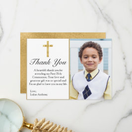 Elegant Simple Gold Cross First Holy Communion Dankeskarte
