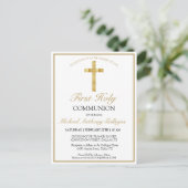 Elegant Simple Gold Cross First Holy Communion Einladungspostkarte (Stehend Vorderseite)