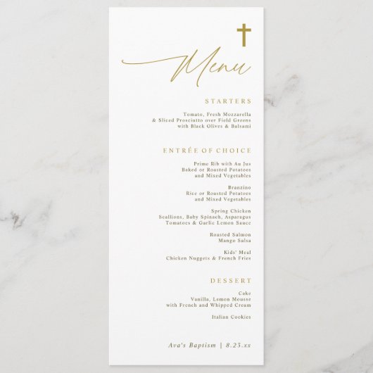 Elegant Simple Gold Cross Modern Script Baptism Menükarte (Vorderseite)