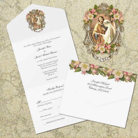 Elegant Simple Gold Katholic Floral Wedding All I All In One Einladung