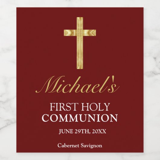 Elegant Simple Gold Red Cross First Communation Weinetikett (Einzelnes Label)