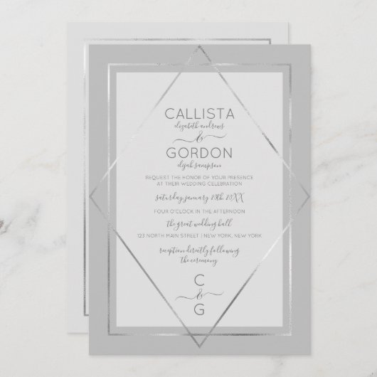 Elegant Simple Gray Silver Geo Border Wedding Einladung (Vorne/Hinten)