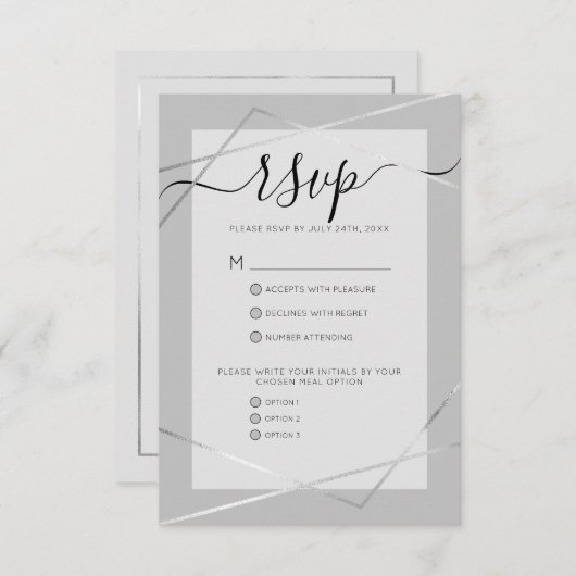 Elegant Simple Gray Silver Geo Border Wedding RSVP Karte (Vorne/Hinten)