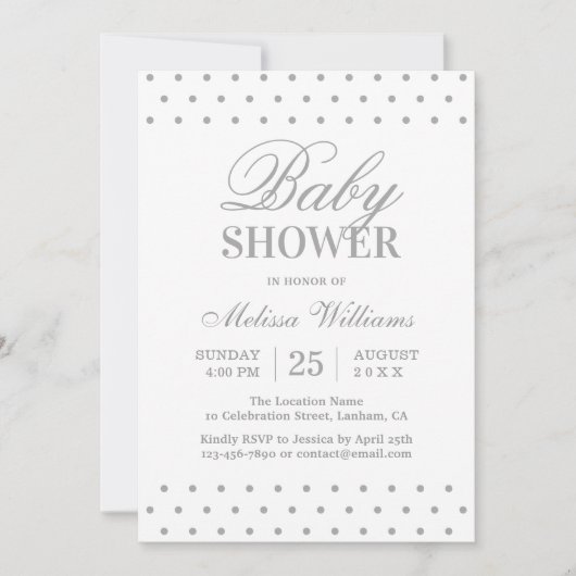 Elegant Simple Gray White Dots Script Baby Dusche Einladung (Vorderseite)