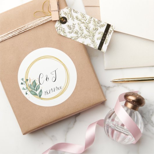 Elegant Simple Green Eucalyptus Wedding Runder Aufkleber (Schenken)