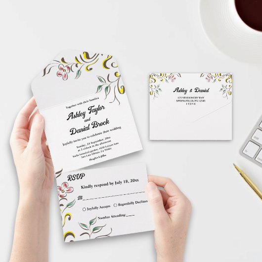 Elegant Simple Greenerity Rose Boho Floral Wedding All In One Einladung