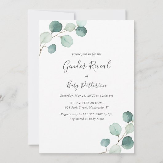 Elegant Simple Greenery Eucalyptus Gender Reveal Einladung (Vorderseite)
