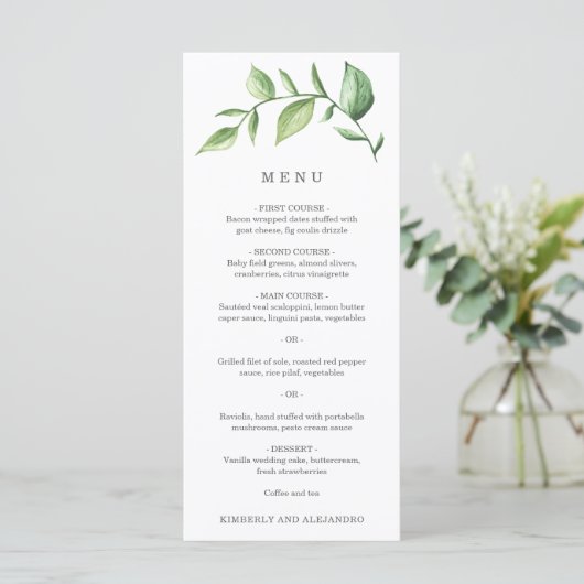 Elegant Simple Greenery Rustic Wedding Menükarte (Stehend Vorderseite)