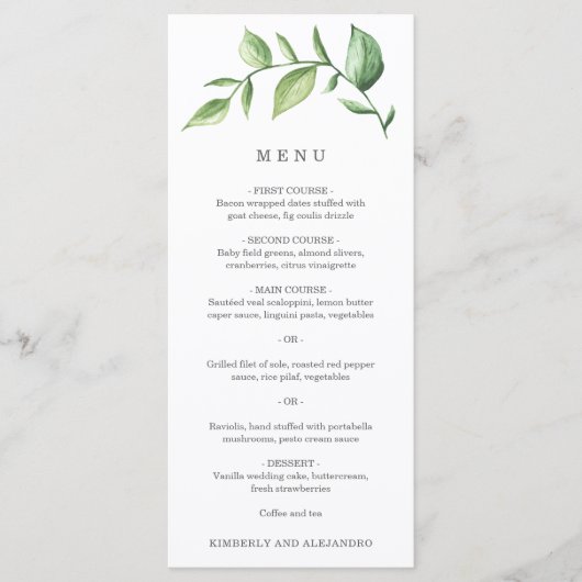 Elegant Simple Greenery Rustic Wedding Menükarte (Vorderseite)