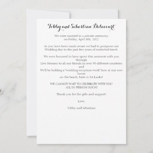 Elegant Simple Just Married Annoucement Einladung (Rückseite)