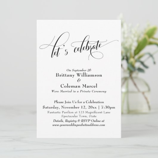 Elegant Simple Let's Celebrate Black and White Einladung (Stehend Vorderseite)