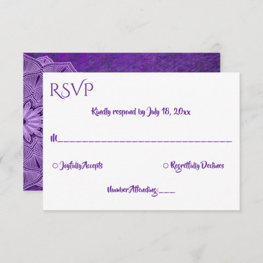 Elegant Simple Lila Calligraphy Mandala Wedding RSVP Karte (Vorne/Hinten)