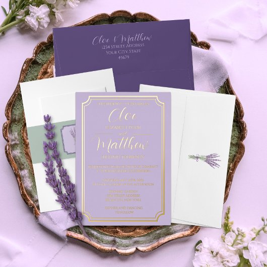 Elegant Simple Lilac and Gold Script Wdding Folieneinladung