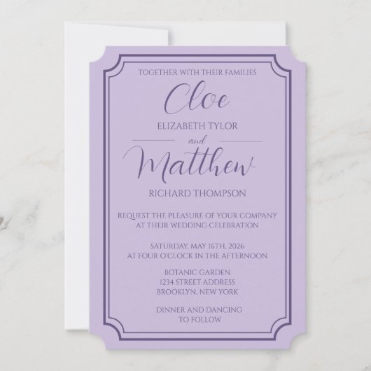 Elegant Simple Lilac Script Wdding Einladung (Vorderseite)