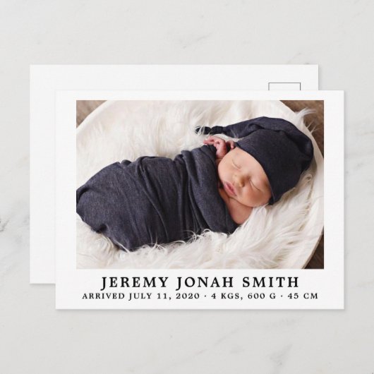 Elegant Simple Minimal Baby Birth Ankündigung Postkarte (Vorne/Hinten)