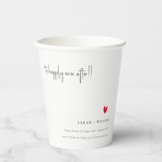 Elegant Simple Minimal Red Heart Script Wedding Pappbecher (Vorderseite)
