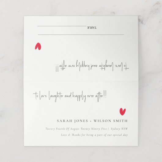 Elegant Simple Minimal Red Heart Script Wedding Platzkarte (Außenseite Aufgefaltet)
