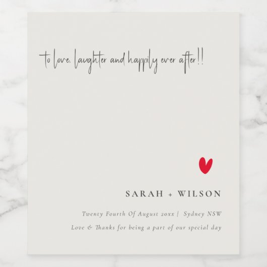 Elegant Simple Minimal Red Heart Script Wedding Weinetikett (Einzelnes Label)