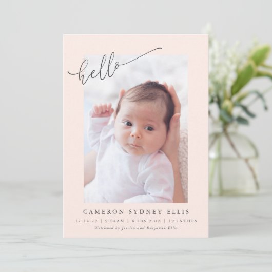 Elegant Simple Minimalist Hello Blush Photo Birth Ankündigung (Stehend Vorderseite)