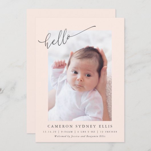 Elegant Simple Minimalist Hello Blush Photo Birth Ankündigung (Vorne/Hinten)