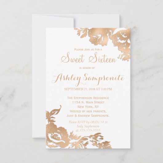Elegant Simple Modern Gold White Floral Sweet 16 Einladung (Vorderseite)