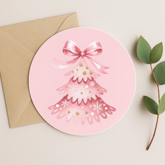 Elegant Simple Modern Pink Christmas Tree Holiday Runder Aufkleber