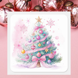 Elegant Simple Modern Pink Vintage Christmas Tree Quadratischer Aufkleber