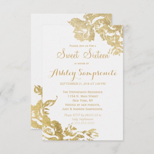 Elegant Simple Modern Rose Floral Gold Sweet 16 Einladung (Vorne/Hinten)
