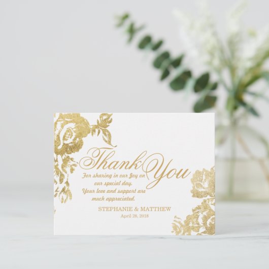 Elegant Simple Modern Rose Floral Gold Vielen Dank Postkarte (Stehend Vorderseite)