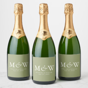 Elegant Simple Moss Green Monogram Wedding Schaumweinetikett