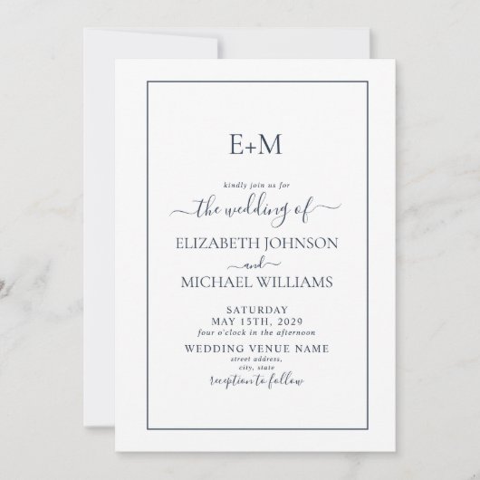 Elegant Simple Navy Blue Formal Monogram Wedding Einladung (Vorderseite)