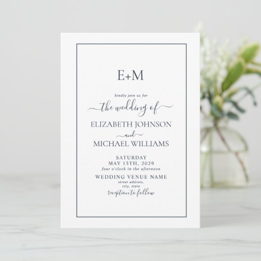Elegant Simple Navy Blue Formal Monogram Wedding Einladung (Stehend Vorderseite)