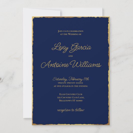 Elegant Simple Navy Blue Luxe Gold Edge Wedding Einladung (Vorderseite)