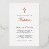 Elegant Simple Navy Blue ROSE GOLD Cross Taufe Folieneinladung (Vorderseite)