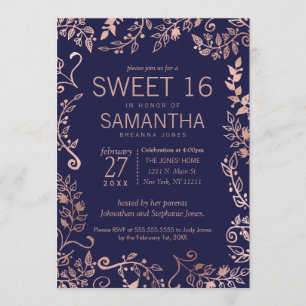 Elegant Simple Navy Blue Rose Gold Floral Sweet 16 Einladung