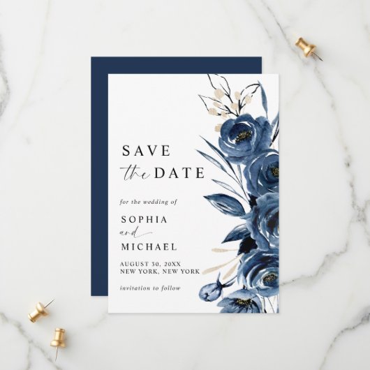 Elegant Simple Navy Blue Watercolor Wedding Save The Date (Vorderseite/Rückseite Beispiel)