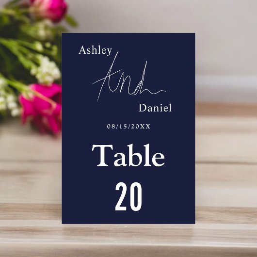 Elegant Simple Navy Blue White Calligraphy Wedding Tischnummer