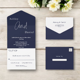 Elegant Simple Navy Blue White Modern Wedding All In One Einladung