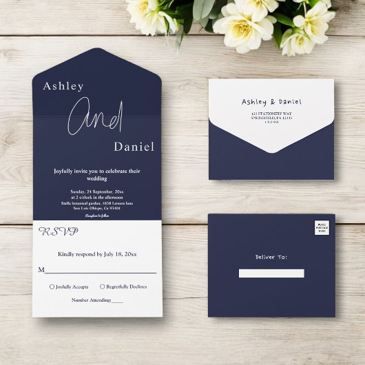 Elegant Simple Navy Blue White Modern Wedding All In One Einladung