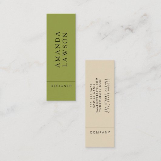 Elegant Simple Olive Green und Beige Mini Visitenkarte (Vorne/Hinten)