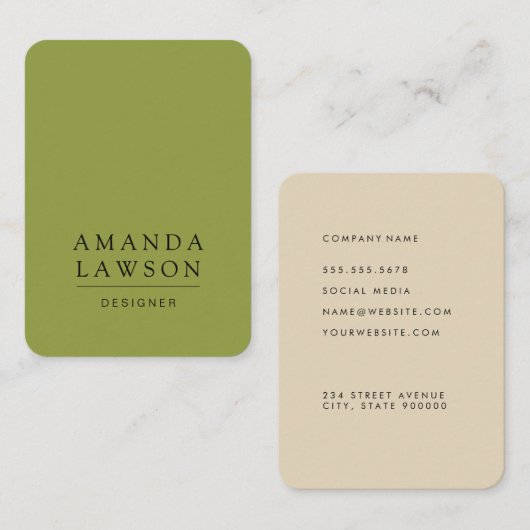 Elegant Simple Olive Green und Beige Visitenkarte (Vorne/Hinten)