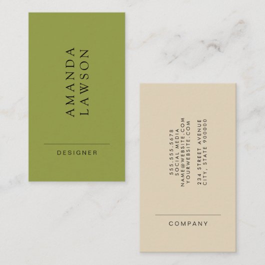 Elegant Simple Olive Green und Beige Visitenkarte (Vorne/Hinten)