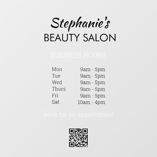 Elegant Simple Opening Hrs Beauty Salon QR Code Fensteraufkleber (Blatt)