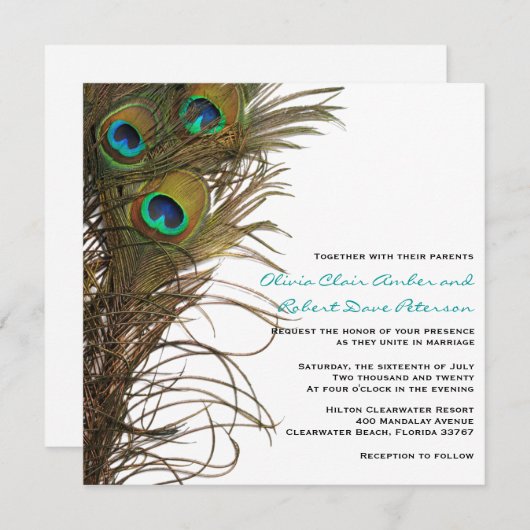 Elegant Simple Peacock Feathers Wedding Einladung (Vorne/Hinten)